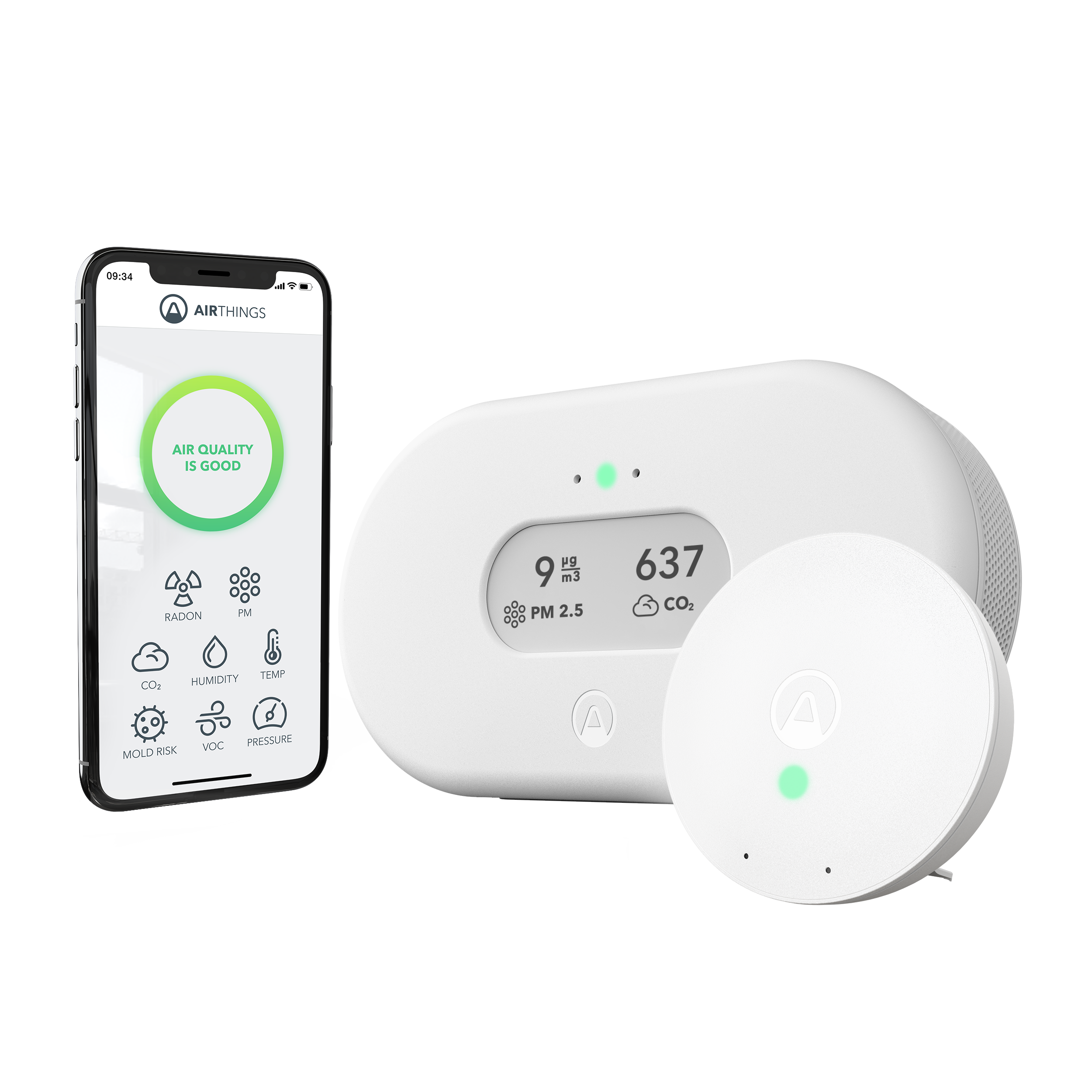 Airthings Asthma Kit Plus - Hero Image - Right Low with Simplified App_PM_CO2_GLOW_WEB_Transparent